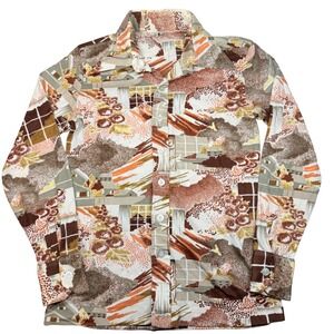 VTG 70s Cortini Mens 15-15‎ 1/2 Permanent Press Knit Shirt Abstract Brown Disco